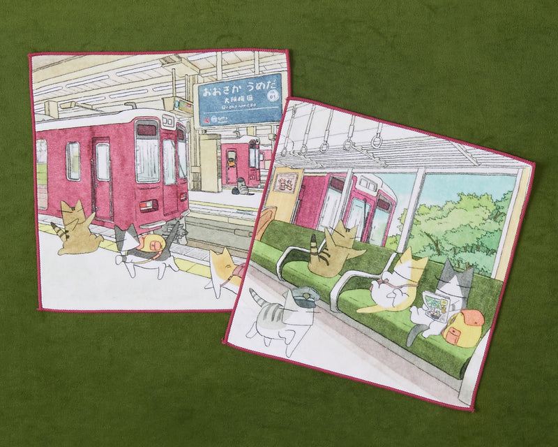 阪急電鉄×猫部　沿線風景を楽しむタオルハンカチ<新緑が見える車内>